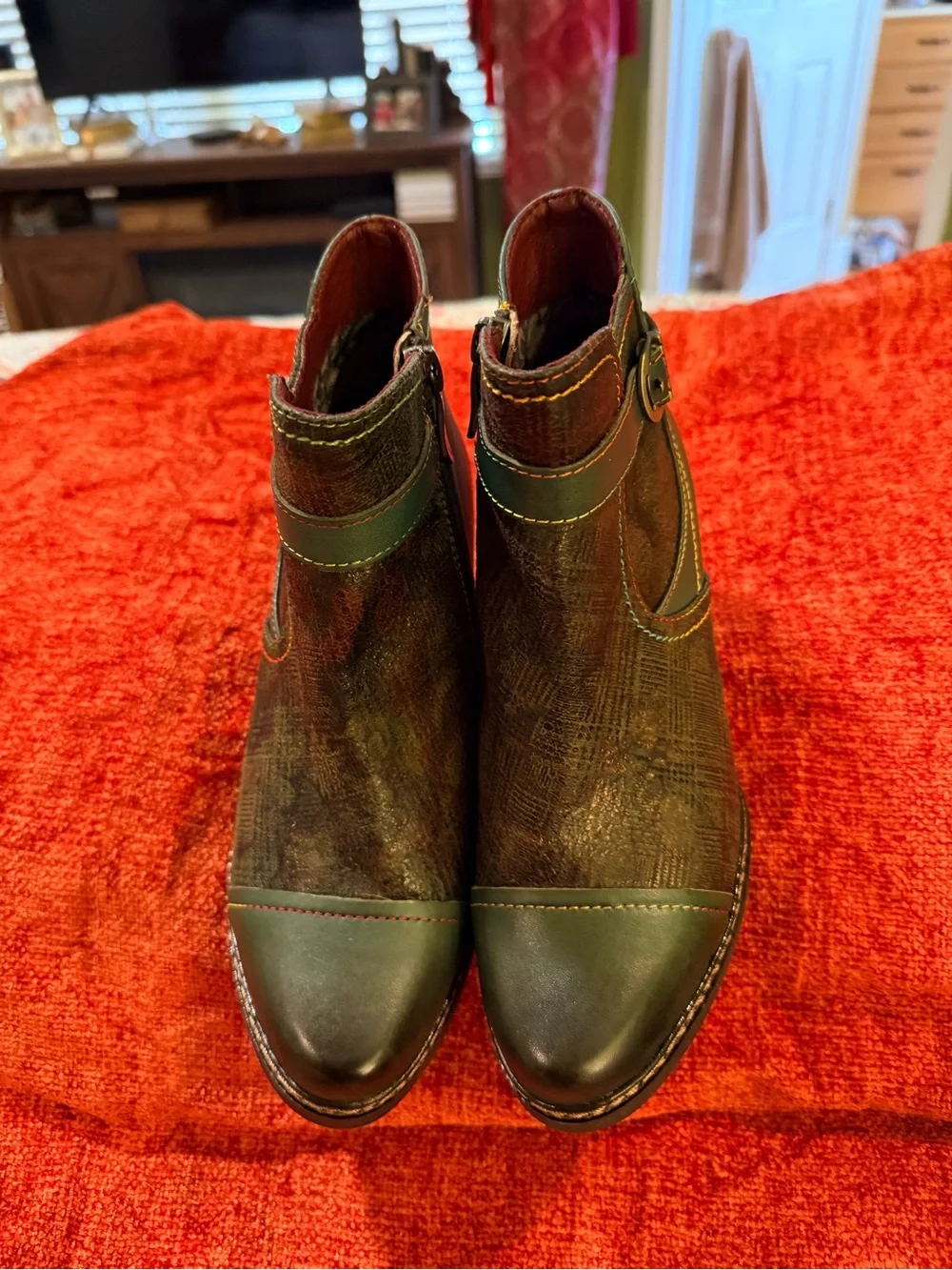 Women's Green Leather Ankle Booties with Decorative Buckle